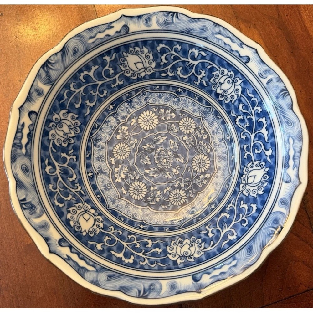 Vintage Toyo Japanese Blue & White Imari Arita Floral Porcelain Bowl